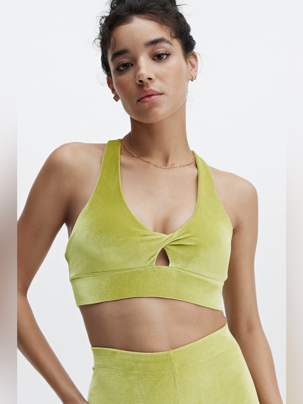 Fabletics Green Twist-Front Velvet Cropped Tank Top